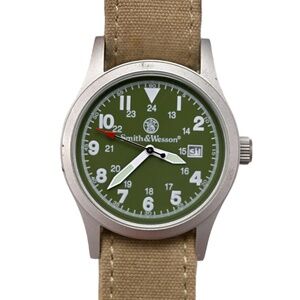 Smith Wesson Mens Green Dial Wrist Watch 38mm Miitary Style Beige Fabric Strap